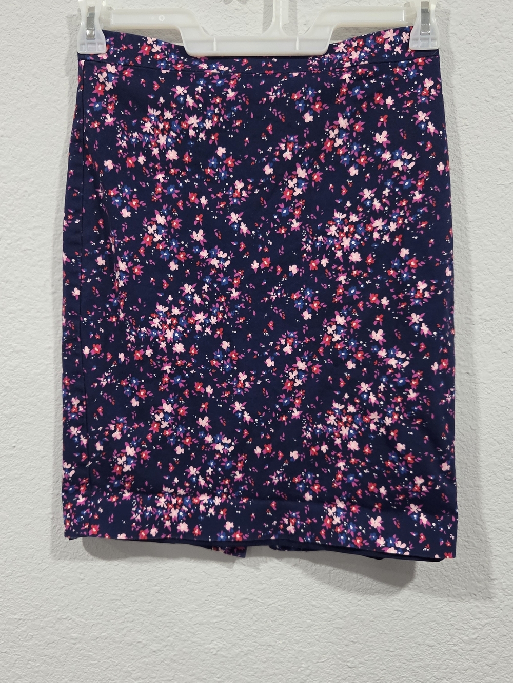 J. Crew Navy Pencil Skirt with Pink Floral Scatter